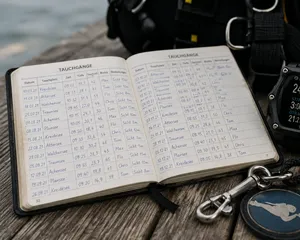 Erfahrung ist wichtiger als das Brevet Tauchlogbuch mit vielen dokumentierten Tauchgängen als Zeichen praktischer Erfahrung