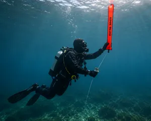 Selbstständigkeit durch Solo-Diver-Ausbildung Taucher setzt beim Solo-Tauchen kontrolliert eine Signalboje und trainiert wichtige Fähigkeiten für selbstständiges Tauchen
