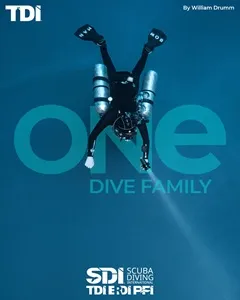 One Dive Family – SDI und TDI Ausbildungssystem TDI Taucher im Sidemount-System mit dem Slogan One Dive Family sowie den Logos von SDI, TDI, ERDI und PFI